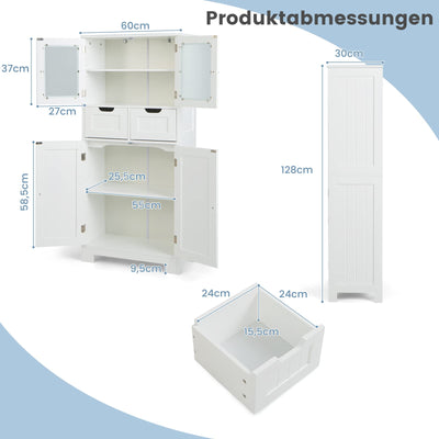 COSTWAY Badschrank mit 2 Schubladen und 4 Türen, Badezimmerschrank mit verstellbaren Regalen, Badkommode Aufbewahrungsschrank für Badezimmer, Küche, Wohnzimmer (Weiß)