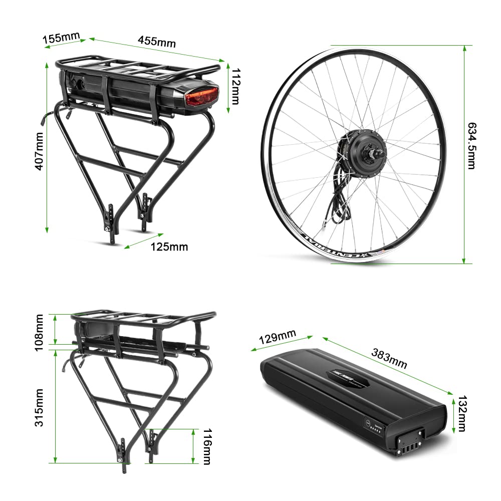 YOSE POWER Ebike Kit 36V250W 28" Frontmotor Fahrrad E-Bike Hub Umbausatz Integrierte Controller mit 36V 13Ah Gepäckträger Akku für 28" Scheibenbremse V-Brake Hinterrad Bike