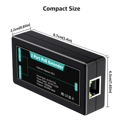 VIMIN 2-Port Gigabit PoE Extender, 1-in-2-Out PoE Repeater für Den Innenbereich, Unterstützt IEEE802.3af/at mit 1000 Mbit/s, Verlängert die Strom-und Datenübertragung um Zusätzliche 100 m (328 Fuß)