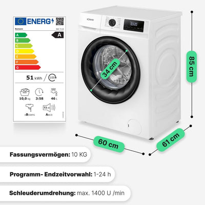 Bomann® Waschmaschine 10kg | max. 1400 U/min | 10 Jahre Motor-Garantie | effizienter, leiser & langlebiger Invertermotor | 15 Programme | Endzeitvorwahl | LED-Display | Washing Machine WA 7110