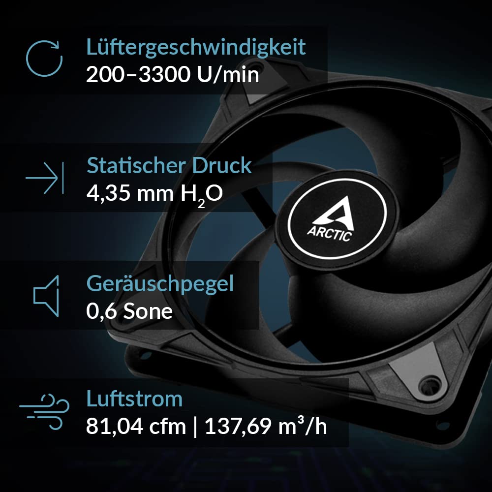 ARCTIC P12 Max - PC Lüfter, High-Performance 120 mm Gehäuselüfter, PWM-gesteuerte 200-3300 rpm, Optimiert für statischen Druck, 0dB-Mode, Hydrodynamisches Gleitlager - Schwarz