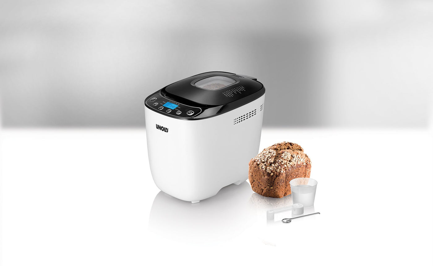 Unold 68010 Backmeister Design - Brotbackautomat, bis 1.000g Brotgewicht, Schwarz-Weiß, 550 Watt, BPA-frei, Cool-Touch-Gehäuse, 12 gespeicherte Programme, LCD-Display