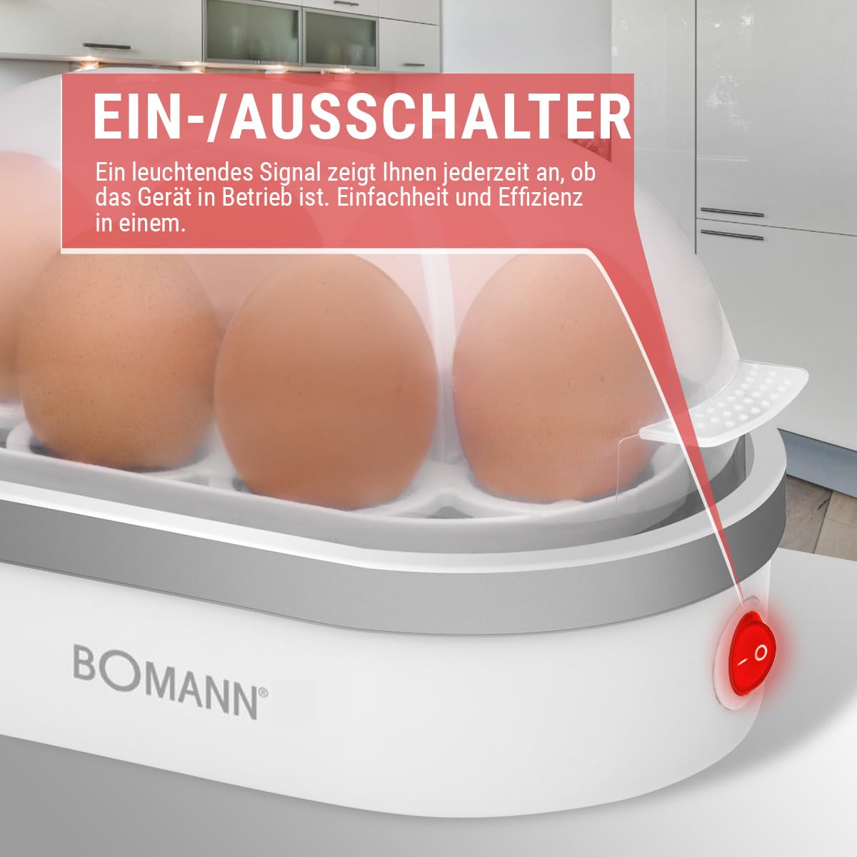 Bomann® Eierkocher für bis zu 6 Eier | Egg Cooker mit antihaftbeschichteter Heizschale | Egg Boiler mit Summer | elektrischer Eierkocher inkl. Eihalter & Messerbecher mit Eipicker | EK 5022 CB