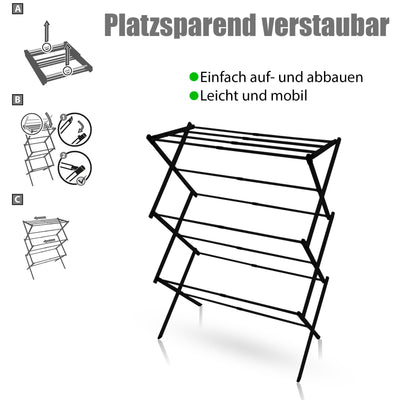 BigDean Wäscheständer platzsparend Schwarz – Wäscheturm mit Teleskopfunktion & 6 Ebenen - 5 bis 10m Trockenlänge