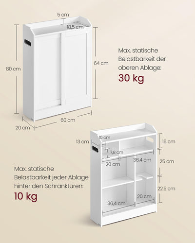 VASAGLE Badezimmerschrank, Badschrank platzsparend, Toilettenrollenhalter, Toilettenbürstenhalter, Schiebetüren, verstellbare Einlegeböden, neben der Toilette, 20 x 60 x 80 cm, wolkenweiß BBC752W01