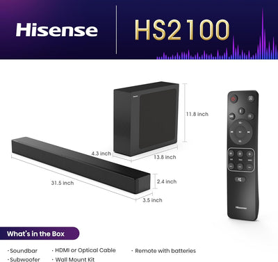 Hisense HS2100 2.1 Soundbar Home Theater System mit kabellosem Subwoofer, 240W, Dolby Audio, Bluetooth, HDMI ARC/Optical/AUX/USB, Schwarz