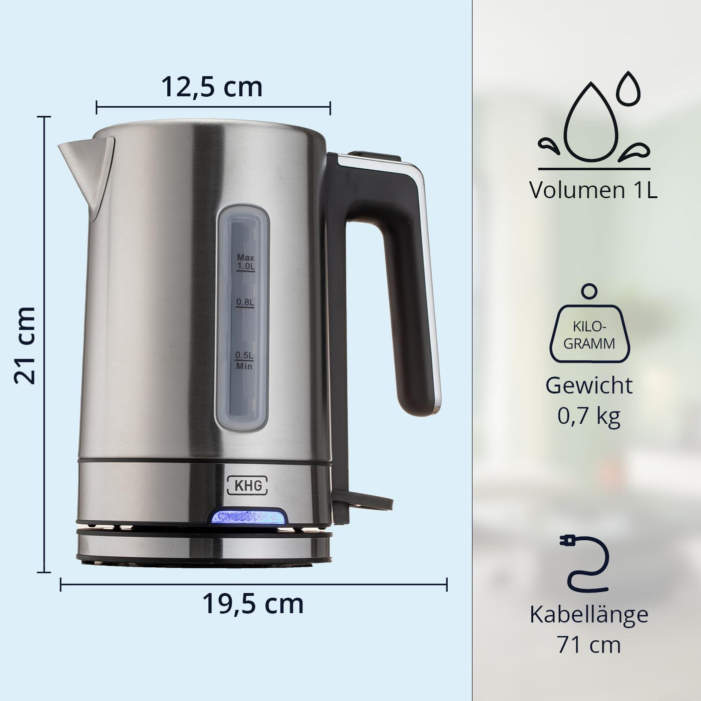 KHG Wasserkocher WK-105 ES Edelstahl, 1 Liter, abwaschbarer Kalkfilter, Wasserstandsanzeige, Öffnen per Knopfdruck, Trockengehschutz & Abschaltautomatik, verdecktes Heizelement, BPA-frei, 2200 Watt