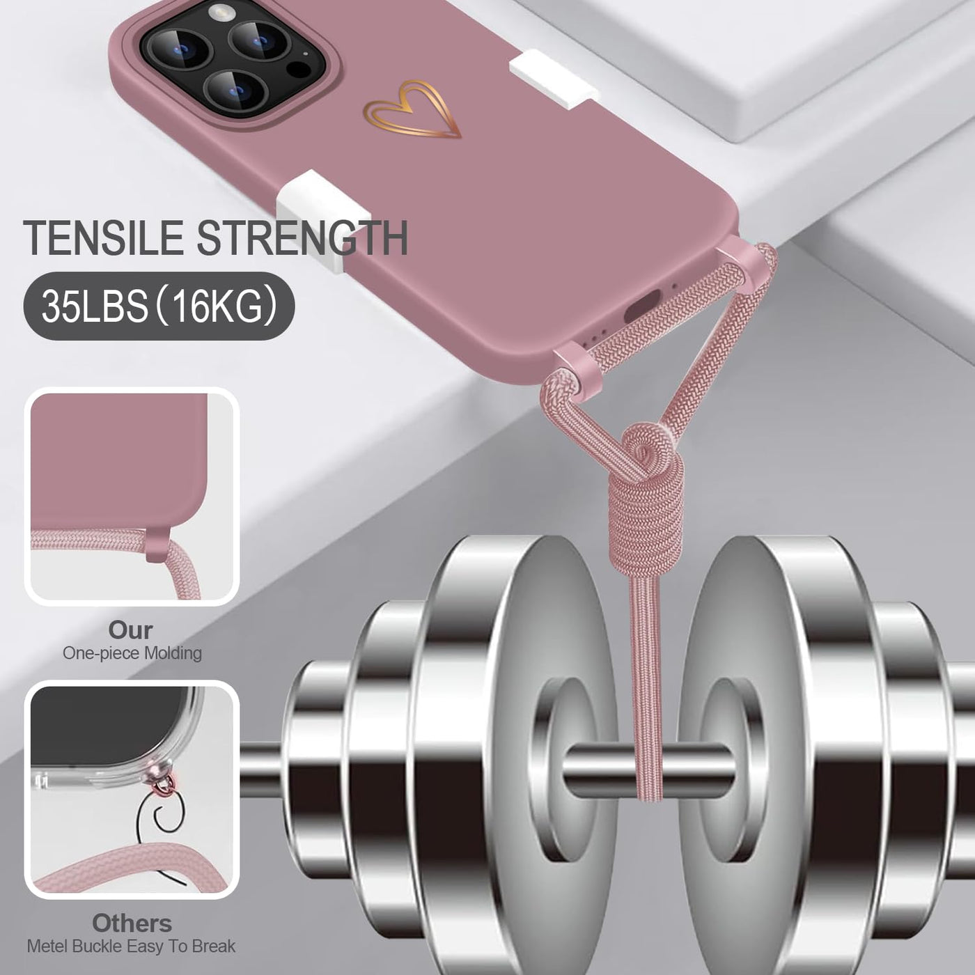 Eherui Handykette für iPhone 16 Pro Hülle mit Band,Design Gold Herz,Dünn Stoßfeste SchutzHülle,mit Abnehmbar Kordel zum Umhängen Liquid Silikon Case Handyhülle für iPhone 16 Pro 6,3 Zoll,Rosa