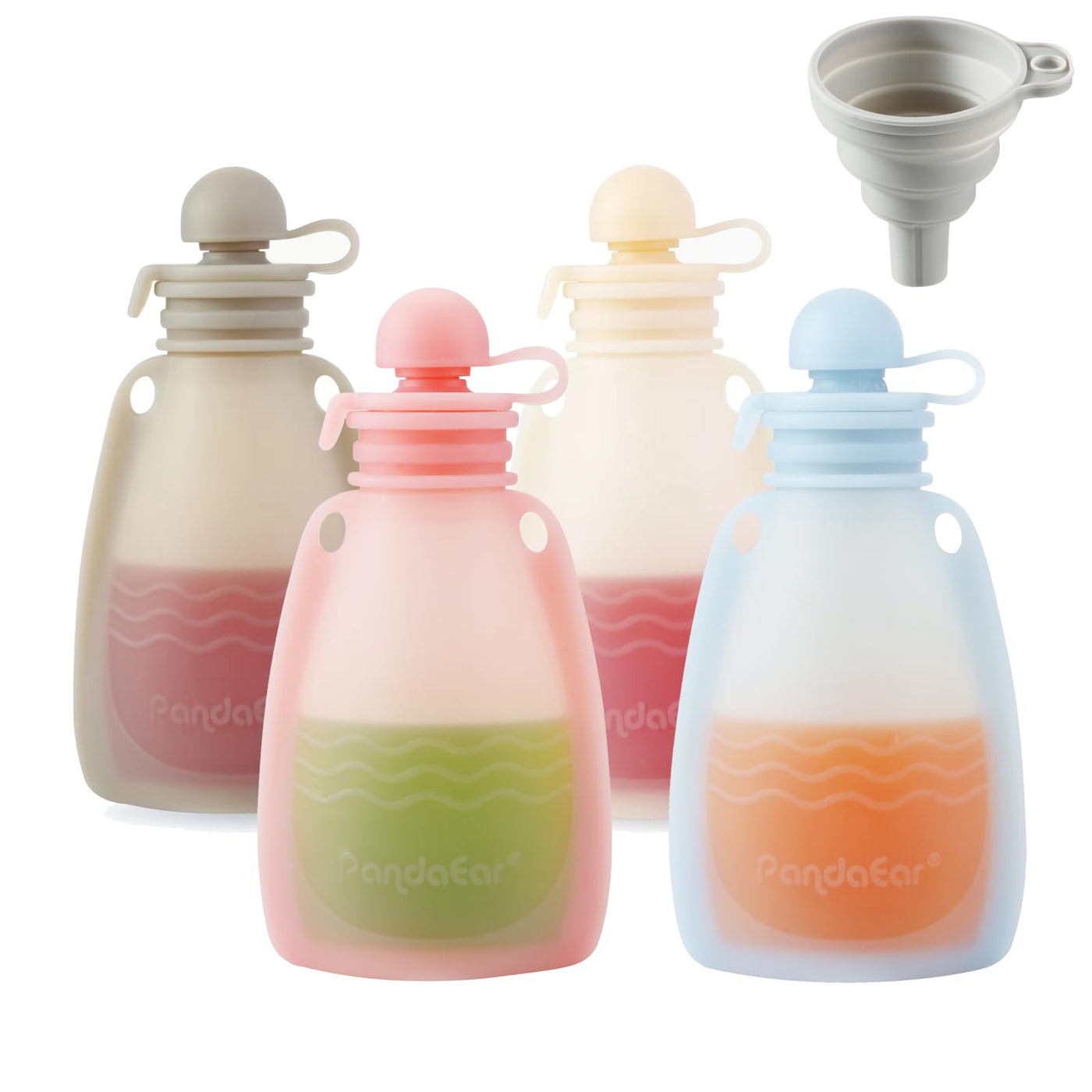 PandaEar Wiederverwendbare Silikon Babybrei Beutel, 4 Stück Quetschbeutel für Kleinkinder, BPA-freie Nachfüllbare Babybrei Aufbewahrung, 5,5 oz/156 ml Babynahrungsbeutel