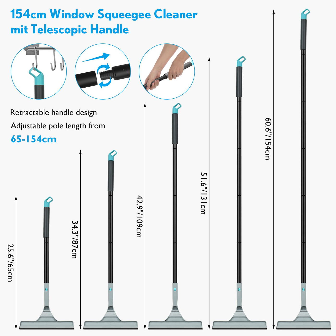 DOBIGER Fensterputzer mit Teleskopstiel, 2 in 1 Teleskop Fensterwischer, Teleskopstange Fensterreinigung 65-154cm mit 2 Mikrofaserpads, Fensterabzieher mit Teleskopstange für Hohe Fenster, Grau