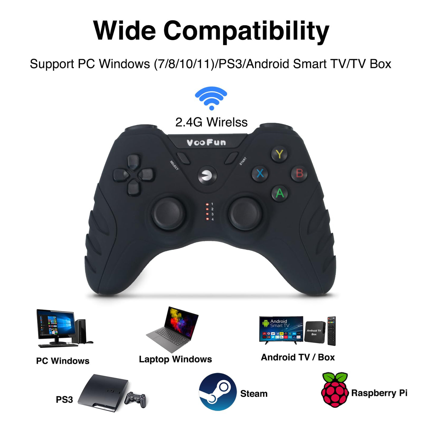 VooFun PC Controller Wireless, Gamepad PC mit Hall Effekt Joystick(No Drift), PS3 Gaming Controller mit Dual-Vibration für PC Windows 11/10/8/7, PS3, Steam, Android TV, TV Box, Raspberry Pi, Schwarz