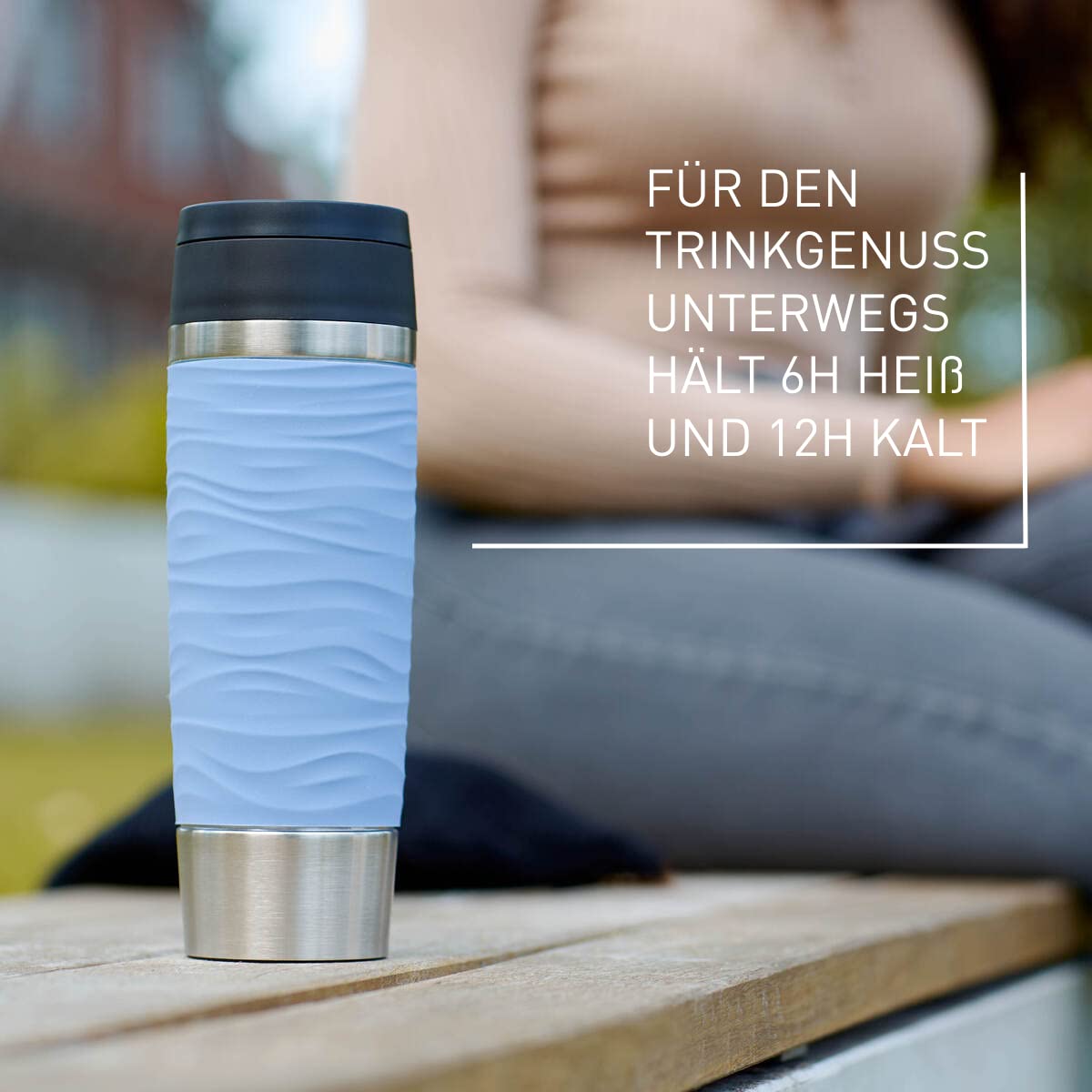 Emsa N20226 Travel Mug Wave Isolierbecher 0,5 Liter | neuer Komfort-Schraubverschluss | Edelstahl | 6h heiß und 12h kühl | 100% dicht | spülmaschinenfest | 360°-Trinköffnung | Pastellblau