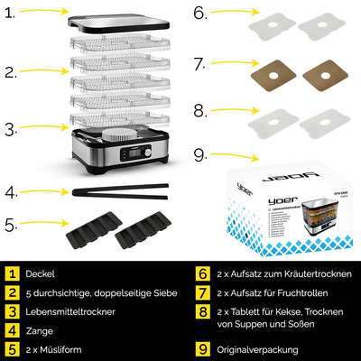 Yoer VitaSave FD01S, Dörrautomat, 450W, 4000 cm2, 24h Timer, LED-Anzeige, Edelstahl INOX, BPA-frei, Modulare bauweise, Lebensmittel-Dörrgerät für Lebensmittel, Pilze, Früchte, Fleisch, Fisch, Gemüse