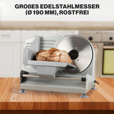 Clatronic® Allesschneider mit Ø 190 mm Edelstahlmesser | elektrische Brotschneidemaschine mit stufenlos einstellbarer Schnittstärke (0–15 mm) | Schneidemaschine mit Metallgehäuse | 150W | MA 3585