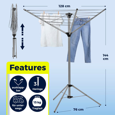 EASYmaxx Wäschespinne, zusammenklappbarer Wäscheständer für innen und außen | Wetterfest und leicht, 4 stufig höhenverstellbar, ca. 14cm x 11cm x 131cm [Aluminium]