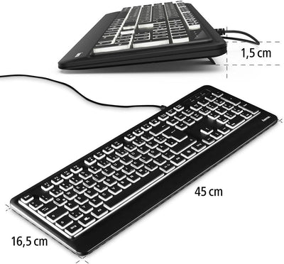 Hama Beleuchtete Tastatur mit Kabel KC-550 QWERTZ (USB Tastatur, kabelgebundene Tastatur, Wired Keyboard, Multimedia Tasten für Windows 10/8/7/Vista/XP, deutsches QWERTZ Layout) Schwarz Normal