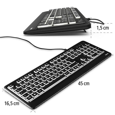 Hama Beleuchtete Tastatur mit Kabel KC-550 QWERTZ (USB Tastatur, kabelgebundene Tastatur, Wired Keyboard, Multimedia Tasten für Windows 10/8/7/Vista/XP, deutsches QWERTZ Layout) Schwarz Normal