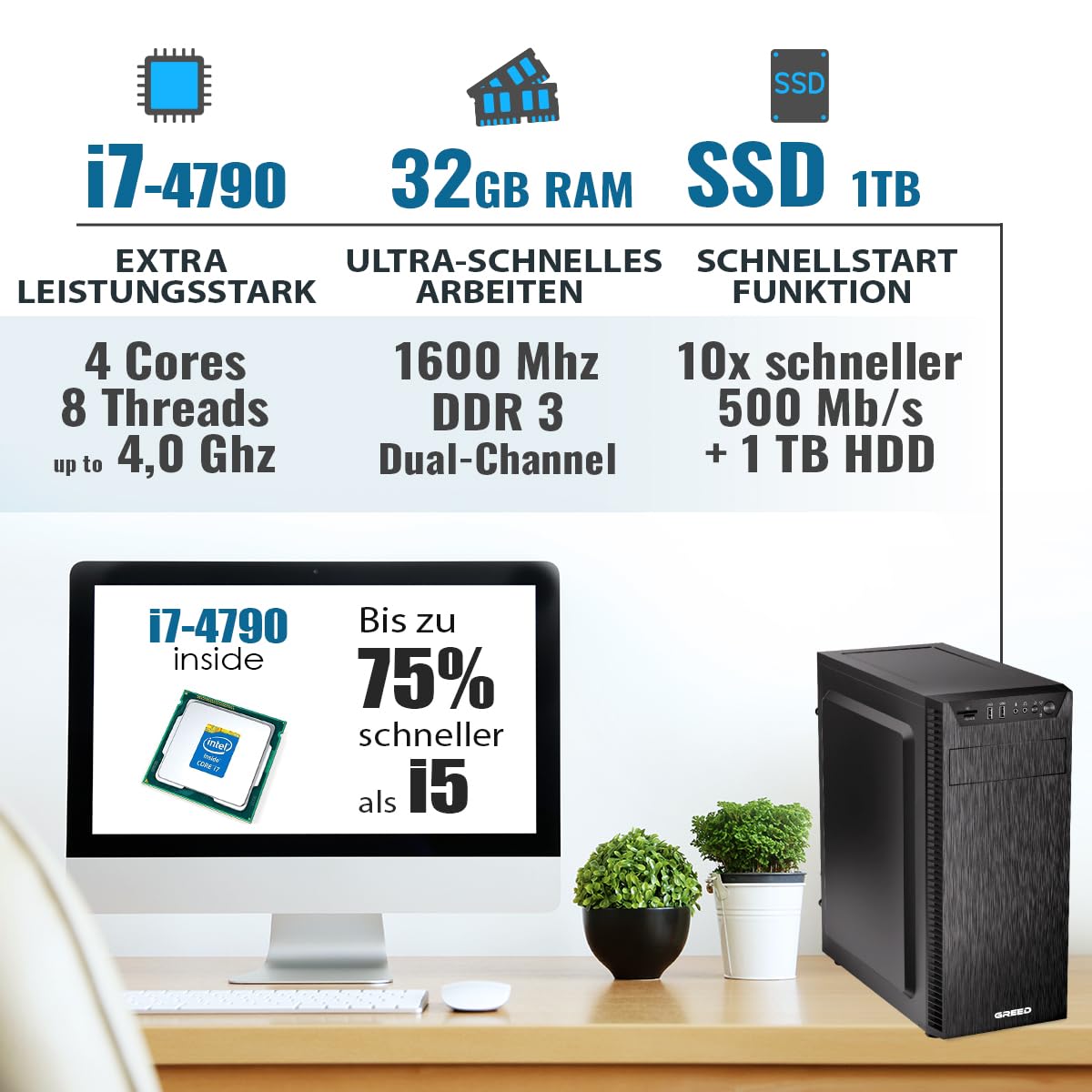 GREED® Ultra PC mit Intel Core i7 4790 - Schneller Rechner + Computer für Büro & Home Office mit 4,0 GHZ, 32GB RAM/Arbeitsspeicher - 1TB SSD + 1TB HDD - DVD+RW - USB3.0 - WLAN, inkl. Windows 11 Pro