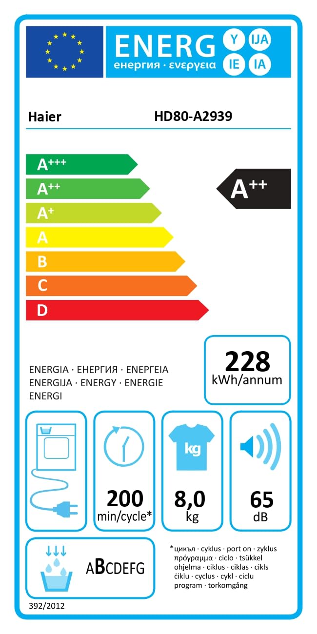 Haier I-PRO SERIE 3 HD80-A2939 Wärmepumpentrockner / 8 kg/A++ / Inverter-Motor / 3 Trockenstufen wählbar/Edelstahltrommel/I-Refresh Dampfprogramm