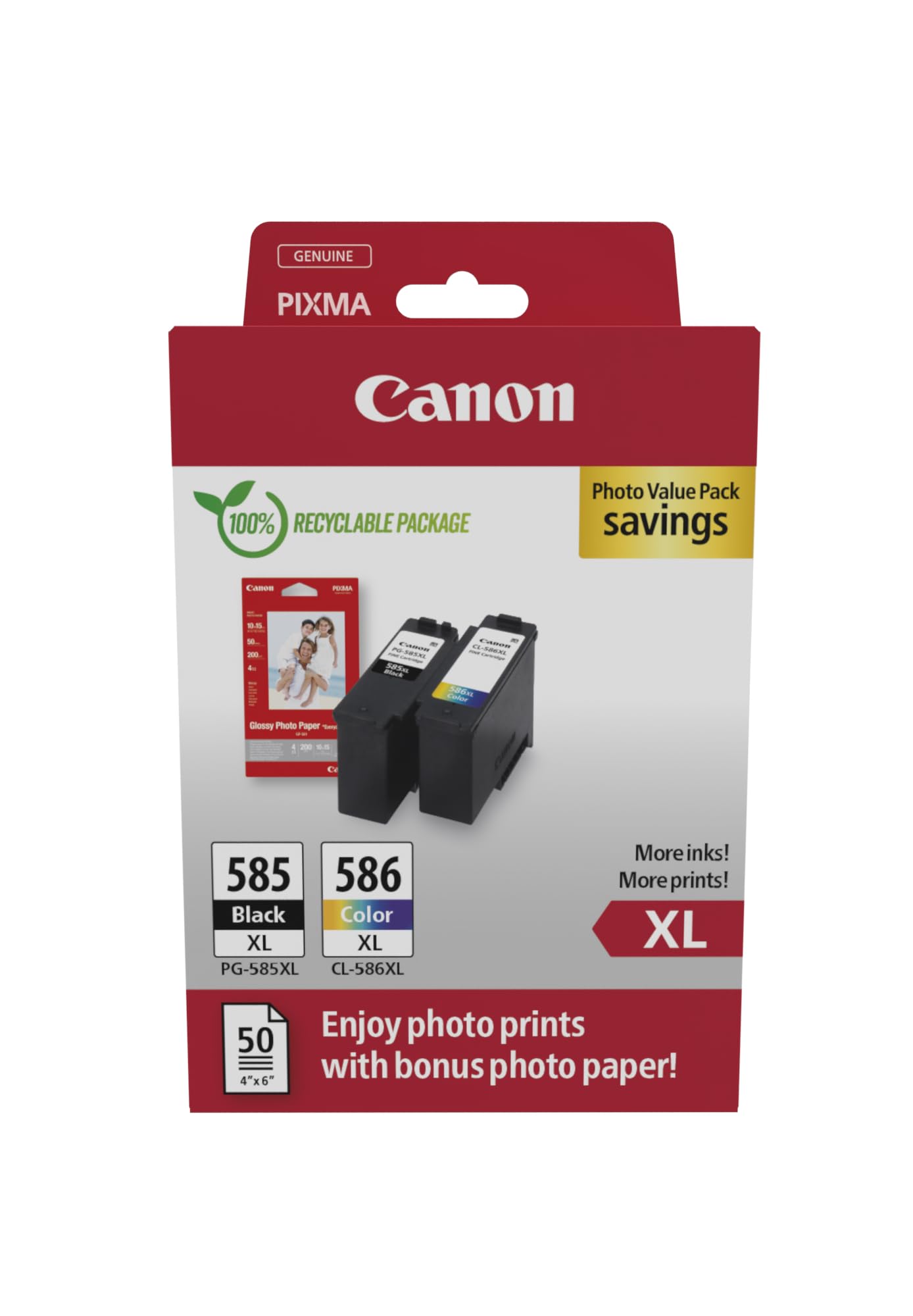 Canon PG-585XL / CL-586XL Original-Tintenpatronen, 2er-Pack (1x Schwarz, 1x Farbe), inkl. 50 Blatt 4x6-Fotopapier - Kompatibel mit PIXMA TS7650i / TS7750i