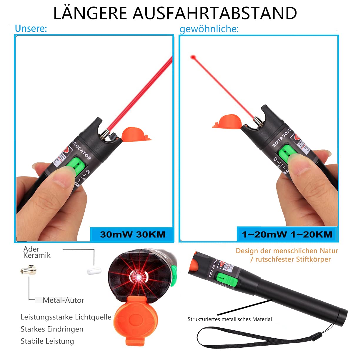 Visual Fault Locator 30KM, VFL-Tester-Kit einschließlich Single-Mode 9/125um FC-Male-zu-LC-Female-Adapter, Lichttester-Stift für die Prüfung von Glasfasernetzwerkkabeln