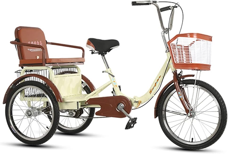 Erwachsene Cruiser Bikes 20 Zoll Trike Bike Großer Einkaufskorb, Faltbare Dreiräder Mit Rücksitz - Für Shopping-Übungen-Erholung,Beige