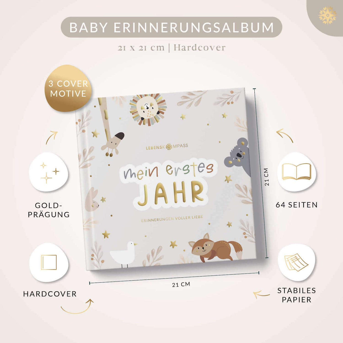 Lebenskompass Babyalbum Mein erstes Jahr "PURE" mit über 75 Stickern & Spruchkarte EXTRA - Ein Baby Buch zum Eintragen - Das Babytagebuch & Erinnerungsbuch für Mädchen & Jungen