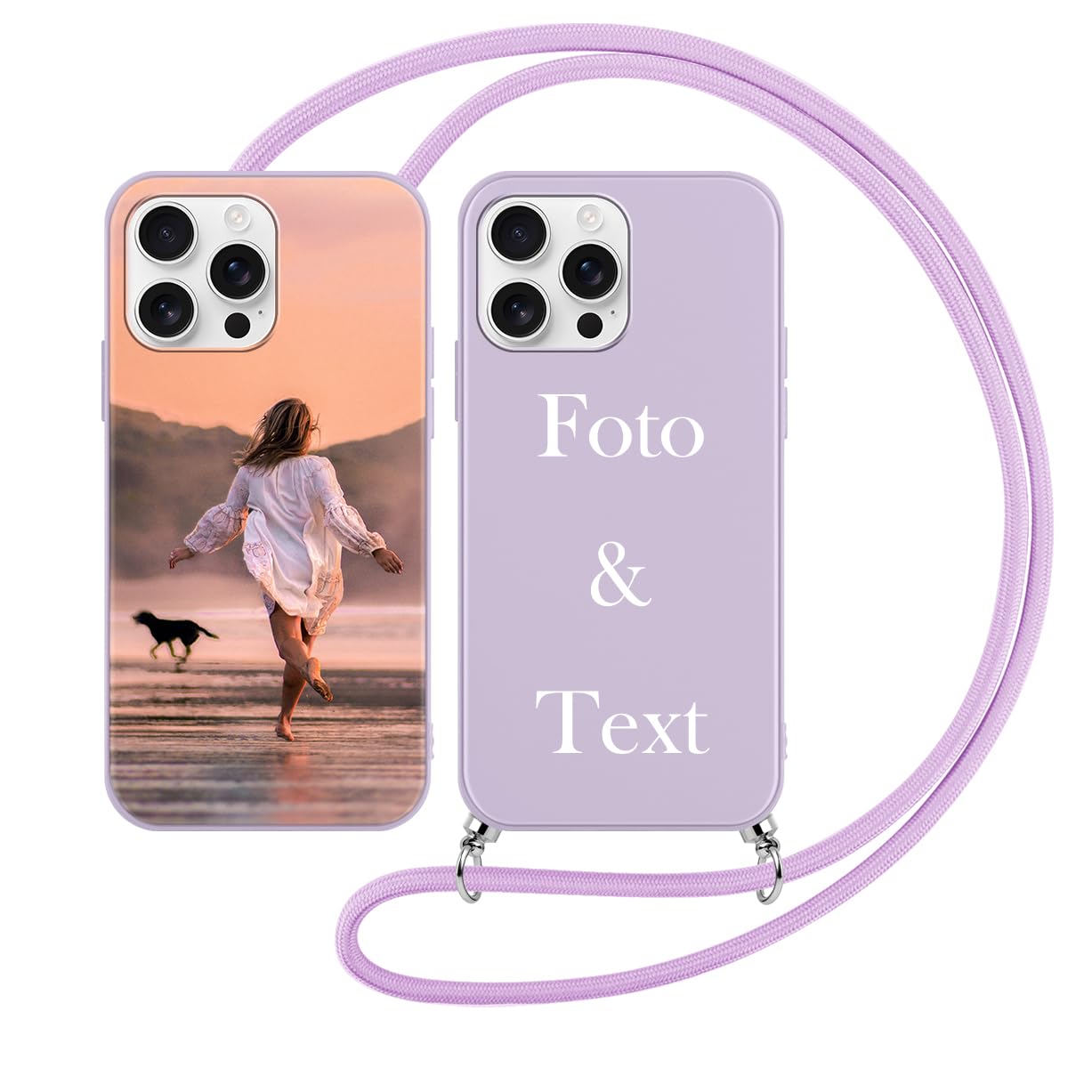 Yoedge Handykette Personalisierte Handyhülle für iPhone 16 Pro Max Violett Hülle mit Band Kordel 6,9", Selbst Gestalten/personalisiert mit Foto Bild Text Individuelle Schutzhülle für iPhone 16 Pro Max