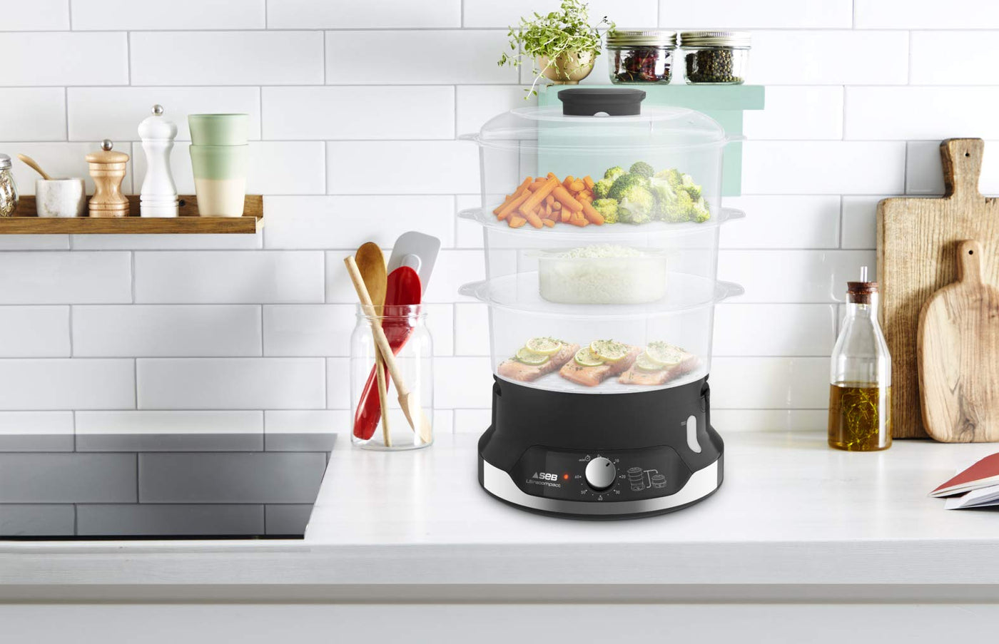 Tefal VC2048 Ultracompact Dampfgarer | Stapelbares Aufbewahrungssystem | Gesundes Kochen | 3 BPA-Freie Aufsätze | 60-Minuten-Timer | Auffüllen Beim Garen | 9-L-Kapazität | Inkl. Reis-Einsatz | 800 W