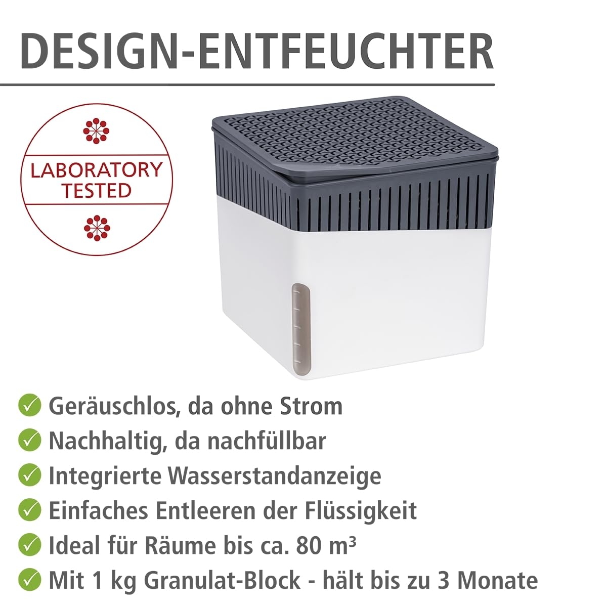 WENKO Raumentfeuchter Mod. Cube, Luftentfeuchter reduziert Schimmel & Gerüche, Auffangschale mit 1 kg Granulatblock nachfüllbar, fasst bis zu 1,6 l Feuchtigkeit, 16,5 x 15,7 x 16,5 cm, Weiß