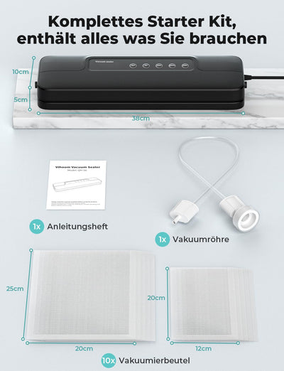 Vihoom Vakuumiergerät 5 in 1, Vakuumierer Lebensmittel 8x Länger Frisch, Folienschweißgerät inkl.10 Vakuumierbeutel und Schlauch, 30cm lange & stabile Schweißnaht