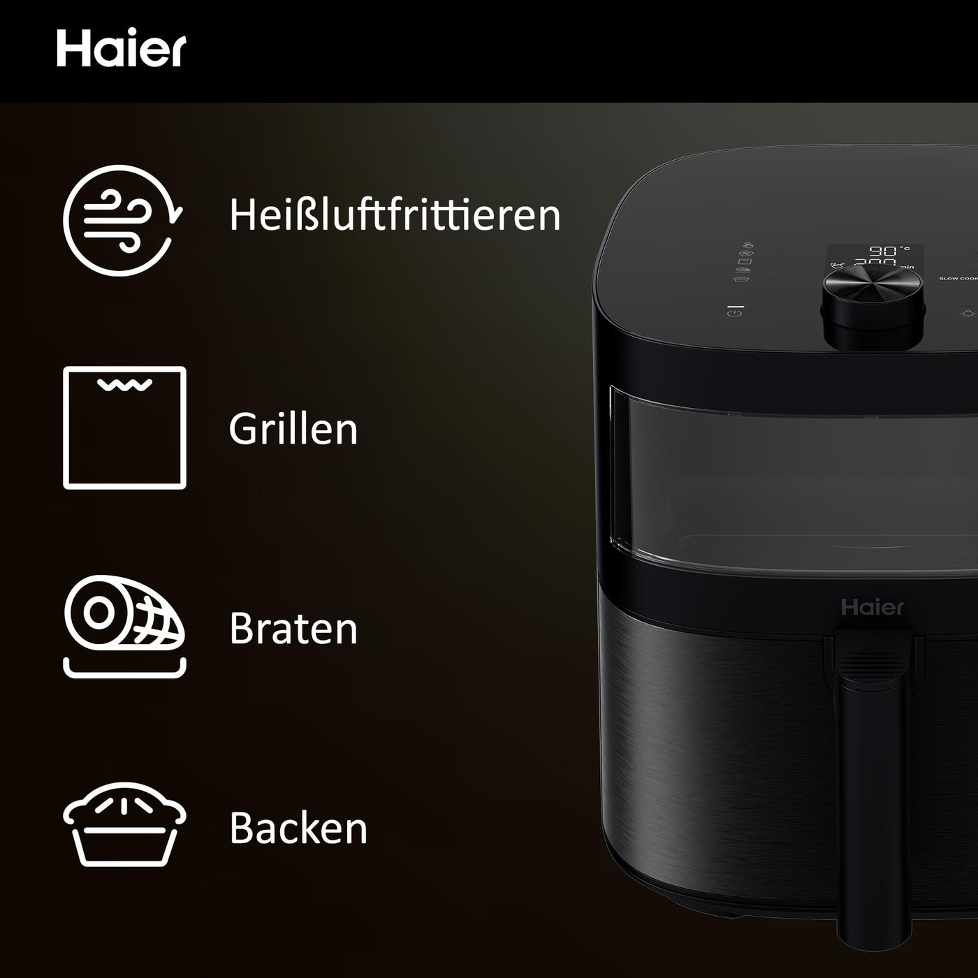 Friteuse à air chaud Haier avec fenêtre en verre I Airfryer avec 9 programmes et capacité de 7 litres I Friteuse 1700 W avec affichage LED I Friteuse à air chaud sans matière grasse I Lavable au lave-vaisselle [Série 5 - HAF5TWA]