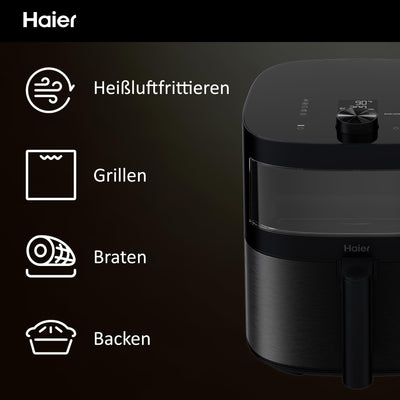 Haier Heißluftfritteuse mit Glasfenster I Airfryer mit 9 Programmen & 7 Liter Fassungsvermögen I 1700W Fryer mit LED Display I Fritteuse Heißluft ohne Fett I spülmaschinenfest [Serie 5 - HAF5TWA]