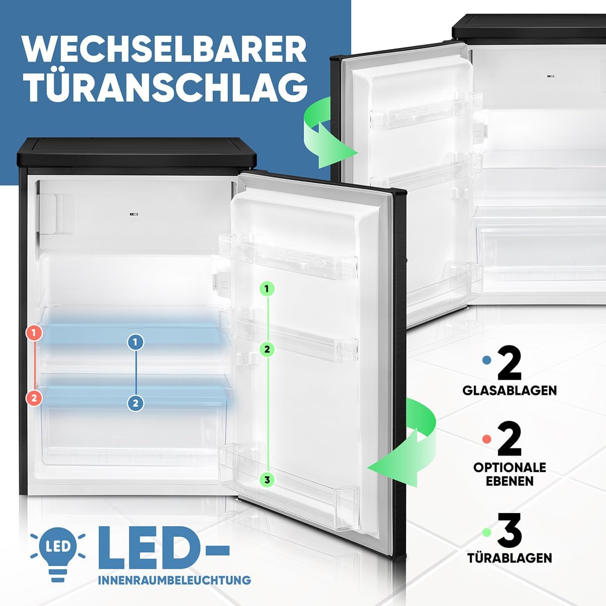 Bomann® Kühlschrank mit Gefrierfach klein | Kühlschrank 2 Ablagen | leise | mit 4-Sterne Gefrierfach | Kühlschrank klein mit Obst- und Gemüsefach | Türanschlag wechselbar | KS 7251 schwarz