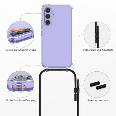 Anshow Handykette für Samsung Galaxy A55 Hülle mit Band + 1 Schutzfolie, Robust Necklace Extrem Stoßfest Handyhülle Samsung A55 Case Transparent Schutzhülle zum Umhängeband Abnehmbar, Schwarz