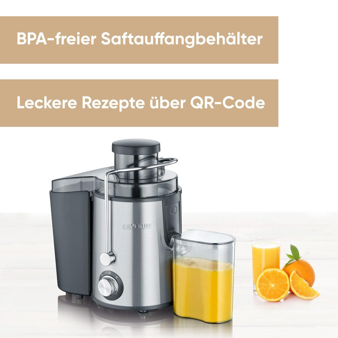 SEVERIN Entsafter, geräuscharme Saftmaschine für vitaminreiche Obst- und Gemüsesäfte, elektrische Saftpresse aus Edelstahl, 500 ml Auffangbehälter, schwarz/Edelstahl ES 3566