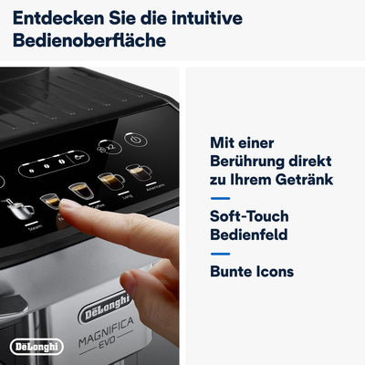 De'Longhi Magnifica Evo ECAM 292.33.SB Kaffeevollautomat mit Milchaufschäumdüse, 5 Direktwahltasten für Espresso,Kaffee und Kaffeespezialitäten, intuitives Bedienfeld,2-Tassen-Funktion,Silber/Schwarz