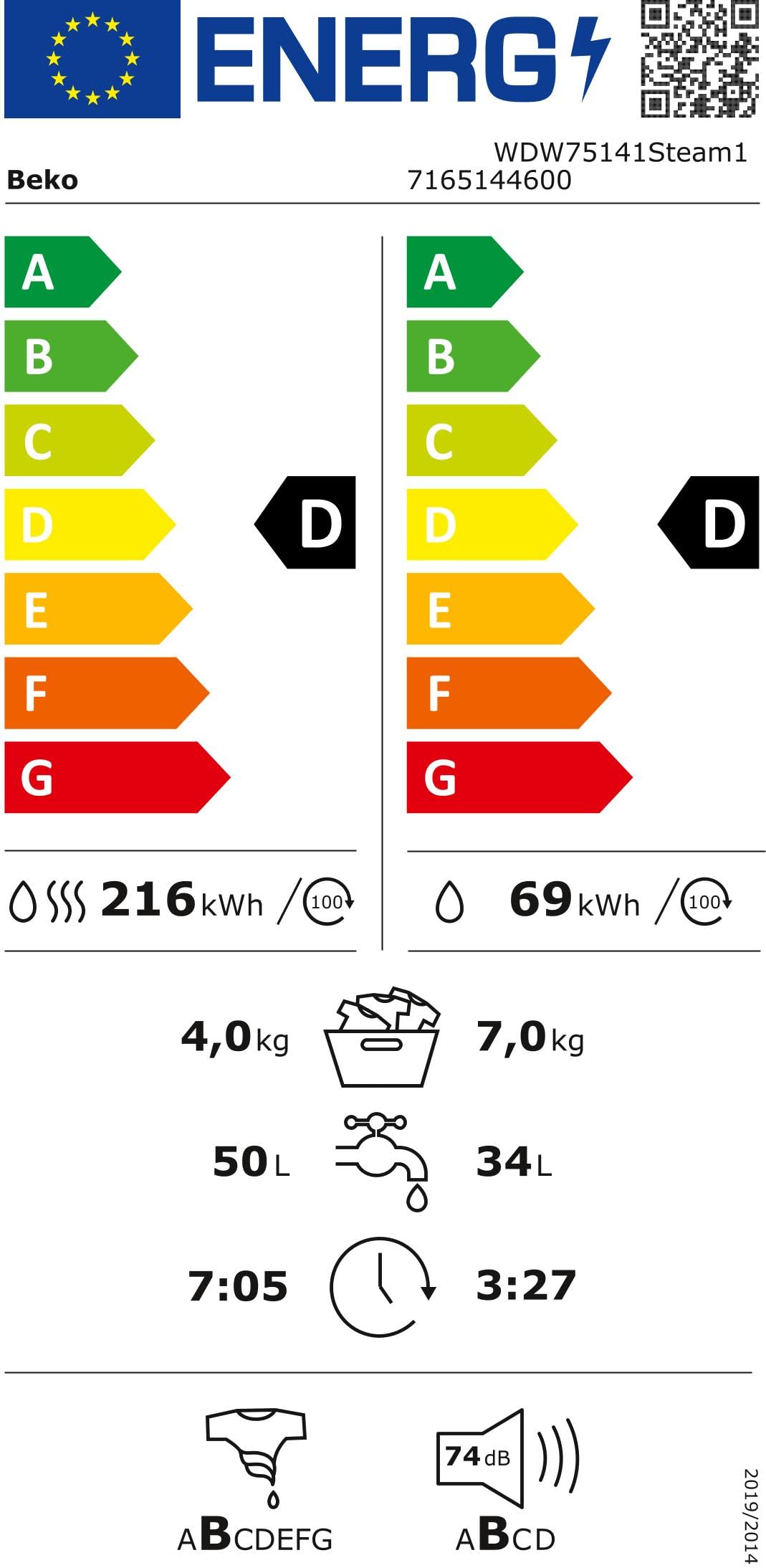 Beko WDW75141Steam1 Waschtrockner/ Wasserkondensation/ schwarze XL-Tür/ Bluetooth/ Dampffunktion/ Nachlegefunktion/ Watersafe/ 7 kg Waschen, 4 kg Trocknen