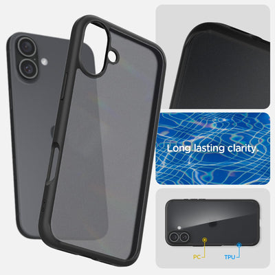 Spigen für iPhone 16 Hülle [Anti-Yellowing] Ultra Hybrid Case Handyhülle Schutzhülle Cover Transparent Durchsichtig Dünn Slim -Frost Black