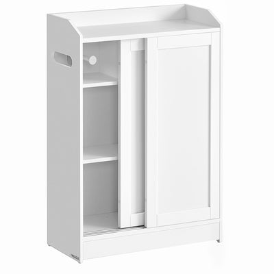 VASAGLE Badezimmerschrank, Badschrank platzsparend, Toilettenrollenhalter, Toilettenbürstenhalter, Schiebetüren, verstellbare Einlegeböden, neben der Toilette, 20 x 60 x 80 cm, wolkenweiß BBC752W01