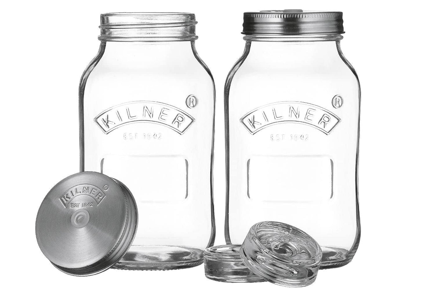 KILNER Fermentier Set / 2x 1 Liter Glas mit Gärungsdeckel / einfaches Haltbarmachen von Gemüse / Fermentieren Starter Set / Konservieren von Gemüse, wie Sauerkraut und Kimchi / Einmachglas 1l