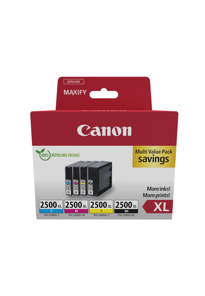 Canon PGI-2500 XL C M Y BK Vorteilspack 4 Tintenpatronen größere Reichweite XL (Schwarz XL, Cyan XL, Magenta XL, Gelb XL) Original [Umweltfreundliche Recycle-Kartonverpackung 2024]