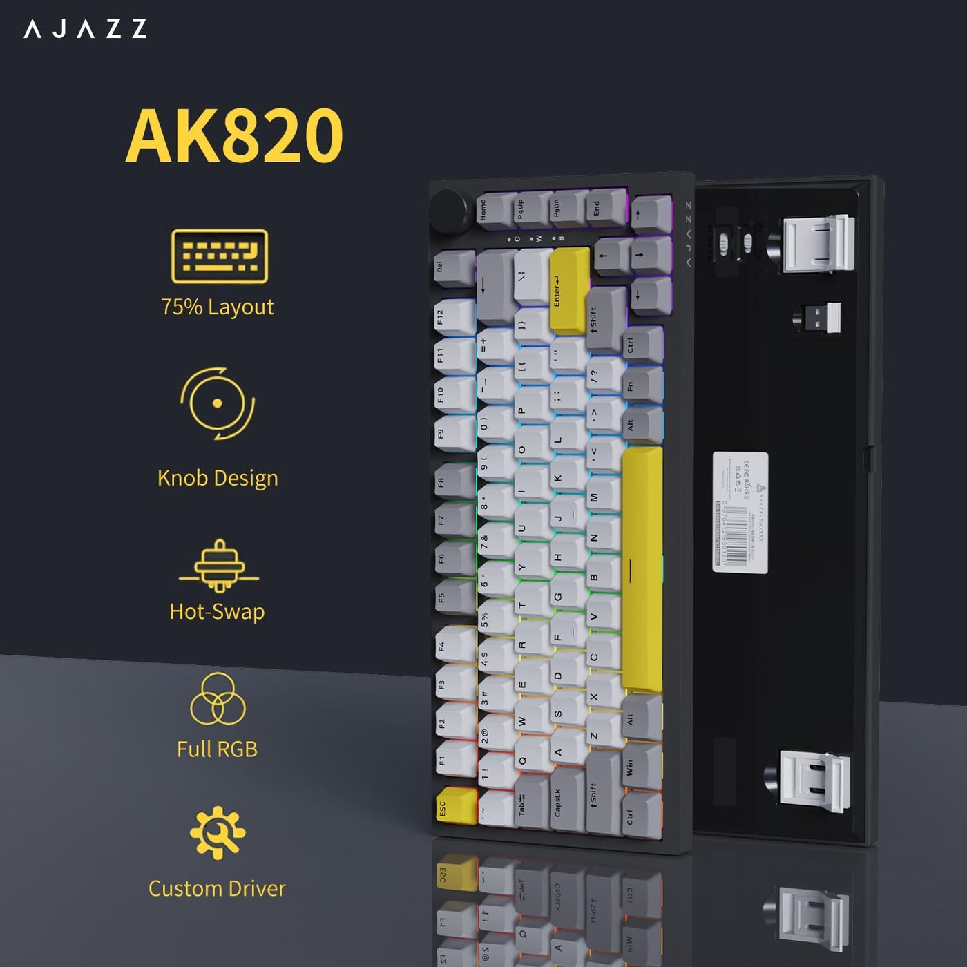 AJAZZ AK820 Kabelgebundene Mechanische Tastatur, Gaming-Tastatur, Südausrichtung RGB|Lautstärkeregler|82 Tasten|PBT-Tastenkappen|Poron Cotton|Hot-Swap-Fähiger, Custom Drivers für Windows MacOS Linux