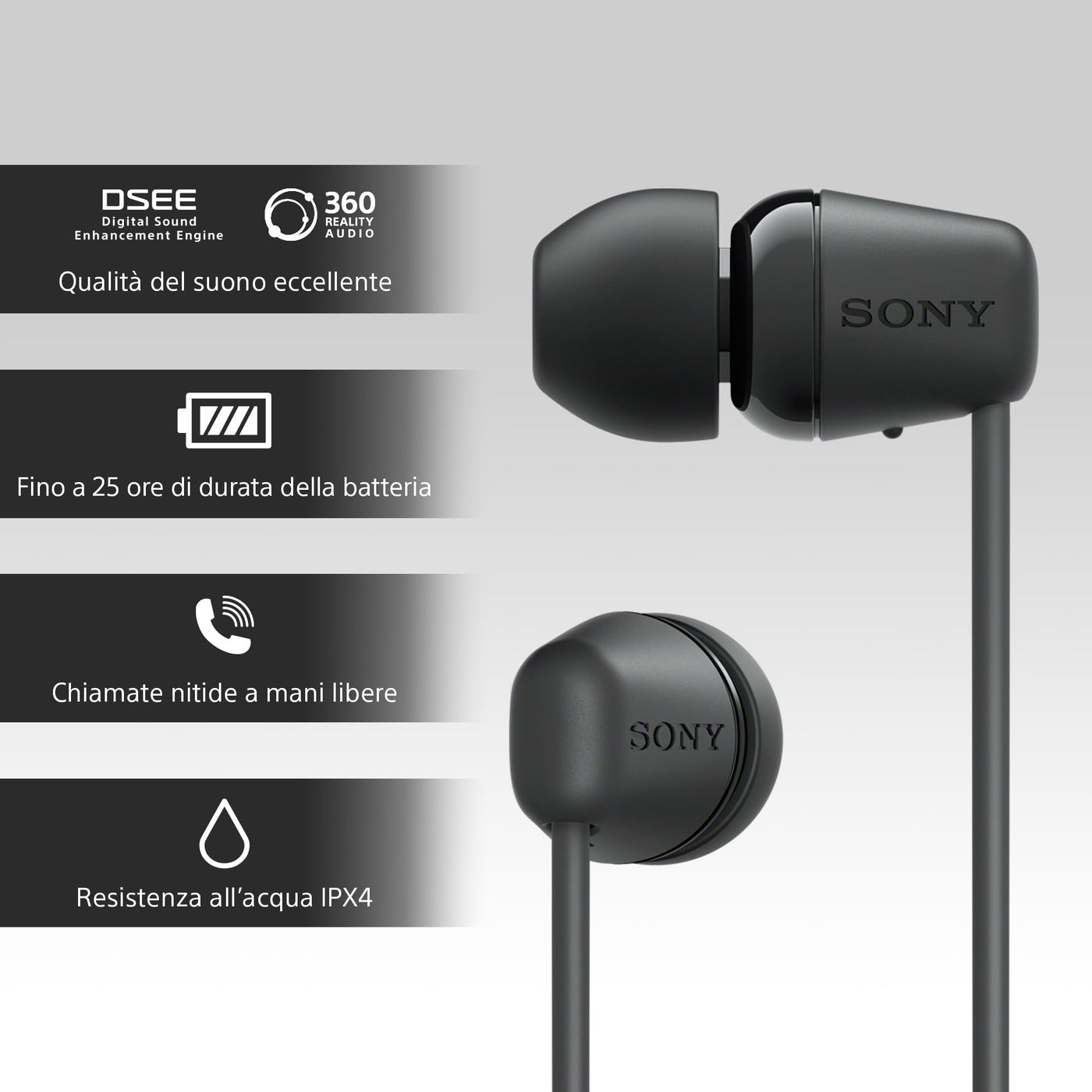 Sony kabellose WI-C100 In-Ear-Kopfhörer (bis zu 25 Stunden Akkulaufzeit, optimiert für Sprachassistenten, integriertes Mikrofon für Telefonate, Bluetooth), Schwarz, klein