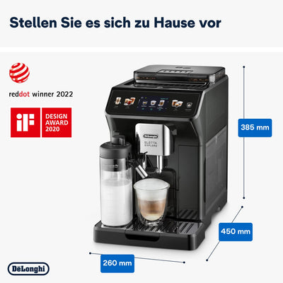 De'Longhi Eletta Explore ECAM452.57.G Kaffeevollautomat mit LatteCrema Milchsystem, heiße und kalte Getränke auf Knopfdruck, 3,5 Zoll TFT Touchscreen Farbdisplay, Kaffeekannen inklusive, schwarz