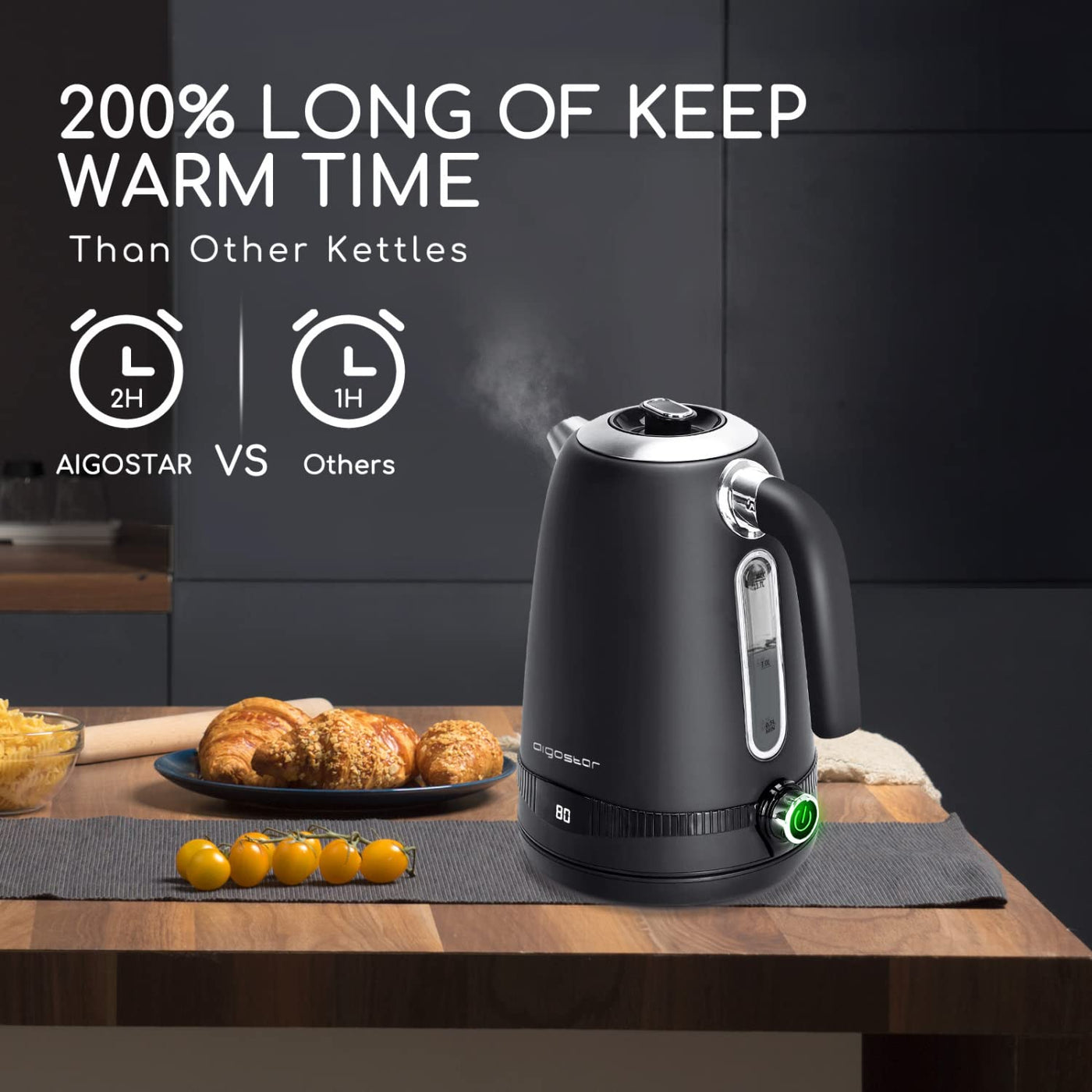 Aigostar Loki - Digitaler Edelstahl Wasserkocher mit Temperatureinstellung 40-100 Grad, Temperaturanzeige, Warmhaltefunktion, 1,7 Liter 2200W Electric Kettle Retro Teekocher, Schwarz