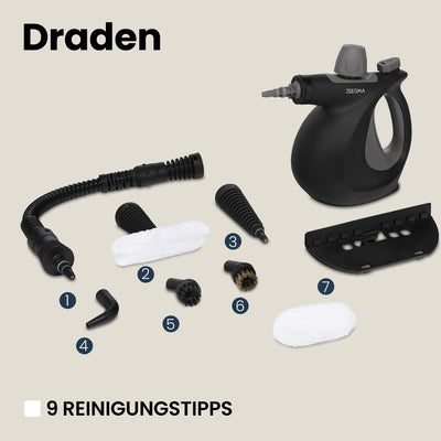 ZEEGMA Draden Dampfreiniger, Handdampfreiniger, Hochdruckreiniger Dampfsauger mit 350ml, Tank Umfangreiches Set - 9 verschiedene Aufsätze, schnelle Aufheizzeit, Kindersicherung