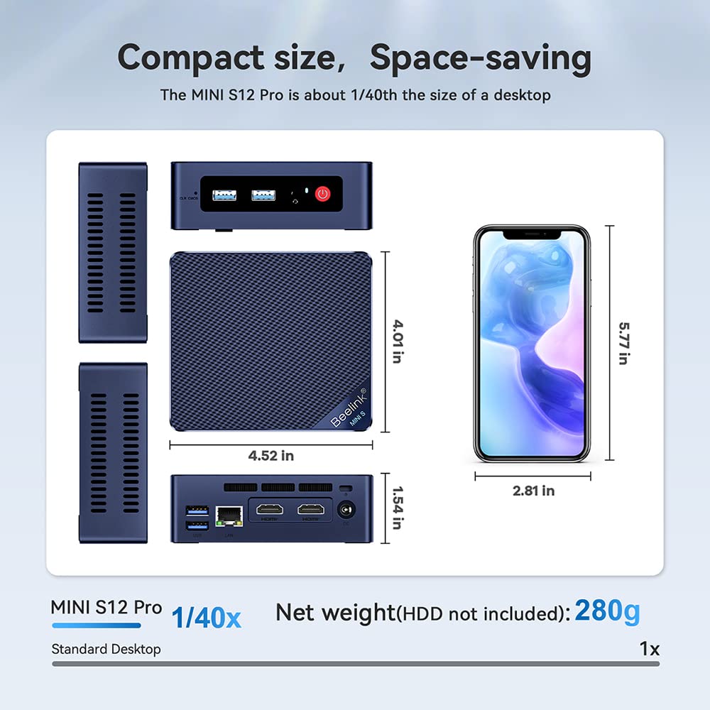 Beelink S12 Pro Mini PC 12th Gen Intel Alder Lake-N100 Processor (up to 3.40GHz),16G DDR4+500G PCIe SSD Mini Computer 2xHDMI/WiFi6/BT5.2/4K@60Hz