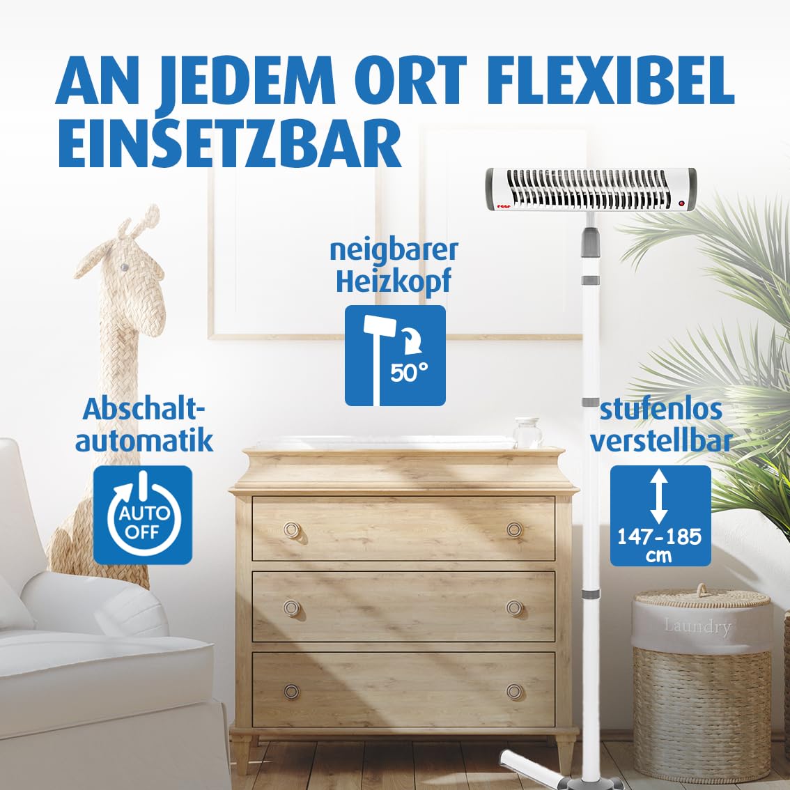 Reer Wickeltischstrahler EasyHeat Flex, Heizstrahler mit Standfuß, Wärmelampe fürs Baby, kompaktes Design, 1 Stück (1er Pack), 230V/500W, weiß