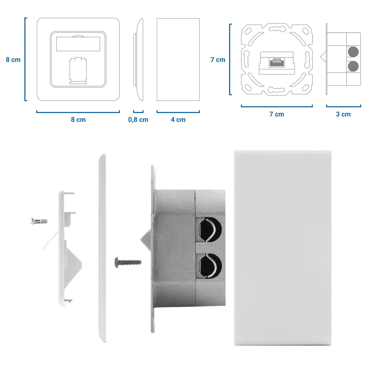 deleyCON 2x CAT 6a Universal Netzwerkdose - 2x RJ45 Port - Geschirmt - Aufputz oder Unterputz - 10 Gigabit Ethernet Netzwerk - EIA/TIA 568A&B - Weiß